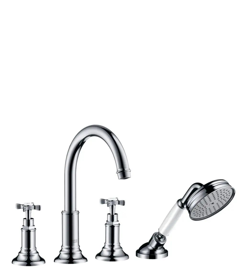 Vierloch-Wandarmatur von AXOR mit chromglänzendem Finish und Kreuzgriffen, bestehend aus einem Wasserhahn und einer Handbrause.